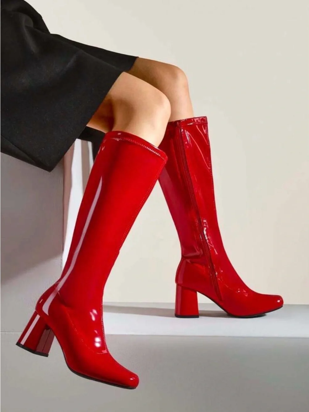 Red Patent Knee-High Block Heel Boots